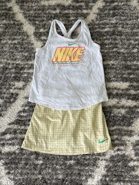 Nike White Tank Top with Yellow & Pink Logo and Yellow Gingham Skort